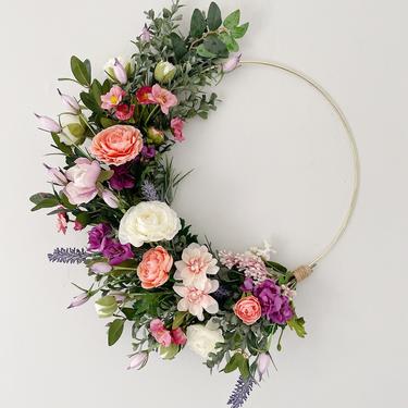 Modern Spring Hoop Wreath with Pink, Purple, White, Green, Ranunculus, Spring hoop wreath, Minimalist spring decor 