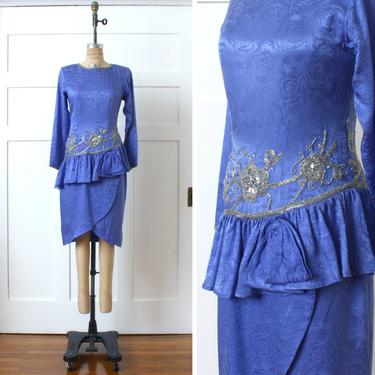 vintage 1990s beaded silk dress • periwinkle blue drop waist peplum party dress 
