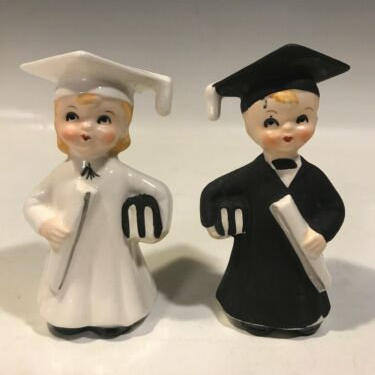 vintage Girl an Boy Graduate Salt &amp; Pepper Shaker Set from Japan, cute shaker set, white and black shakers, college gift, twin graduate gift 