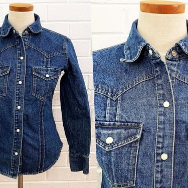 Vintage Arizona Jean Company Denim Shirt Heavyweight Snap Front Collared Lightweight Denim Jacket Long Sleeve Top Collar Medium Small XS 