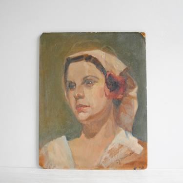 Vintage Portrait Painting of a Young Woman in a Head Scarf with a Flower in Her Hair 