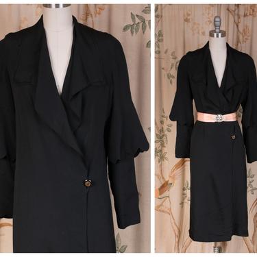1930s Coat - The Arawin Coat - Fantastic Lightweight Black 30s Tailored Silk Coat with Incredible Sleeves and Elegant Deco Collar 