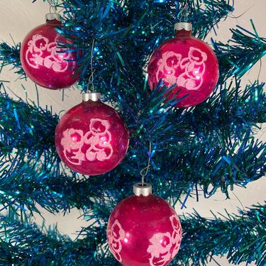 Set of 4 Shiny Brite Red Teddy Bear Holiday Ornaments (#C22) 