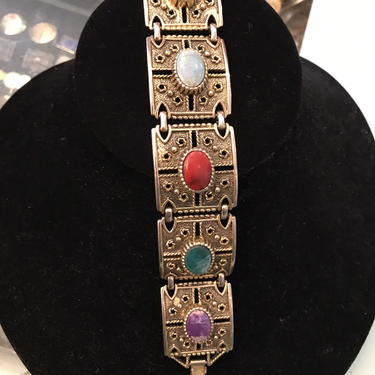 Sarah Coventry bracelet | chunky bronzy costume bracelet | faux gemstone| gaudy large link chain | multi colored |1972 True VTG 