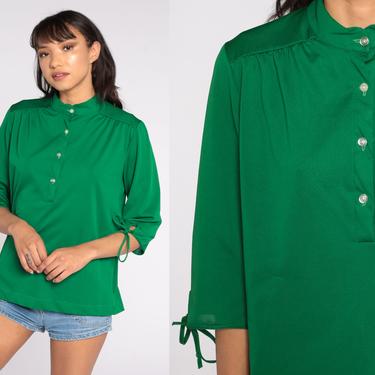 Green Blouse 70s Disco Blouse Tie Sleeve Collarless Shirt Tunic Top Polyester Long Sleeve Shirt Disco Shirt Plain Shirt Vintage 1970s Large 