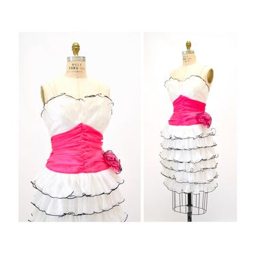Vintage 80s White Pink ruffle party Prom Dress Small // 80s Vintage White Party Wedding Dress Pageant Dynasty Trophy Dress Ruffles 