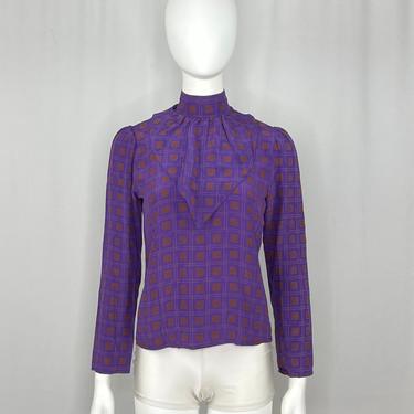 Vintage 1980s Charles Bianco Purple and Brown Silk Long Sleeve Blouse 