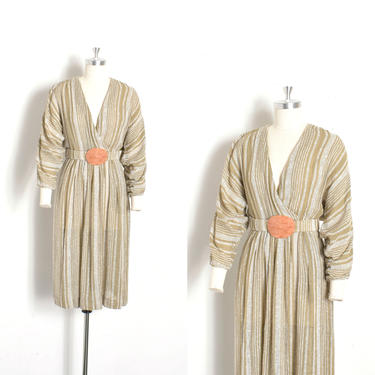 Vintage 1980s Dress / 80s Woven Striped Surplice Dress / Tan White  ( XS S ) 