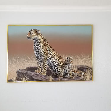 XL Anderson &amp;quot;Cheetah and Cub&amp;quot; Landscape Oil on Canvas Painting. 
