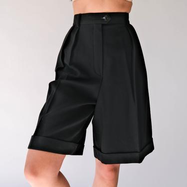 Vintage 90s Escada Black Wool Gabardine Pleated High Waisted Bermuda Shorts | Made in Germany | 1990s Designer Boho Pleated Flared Shorts 