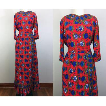 Vintage 70s Red Floral Blouse and Maxi Skirt 2 Piece Set Jamison Boho Hippie 1970s Dress M 