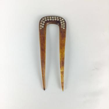 Vintage hair fork | Vintage rhinestone hair pick | 1930s tortoise resin hair accessory 