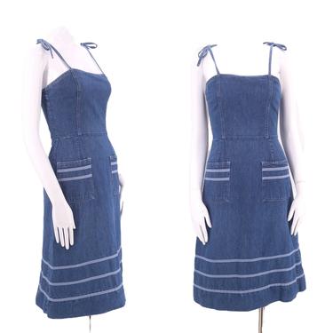 70s LANDLUBBER denim dress sz XS / vintage 1970s tie strap summer apron sun dress S 