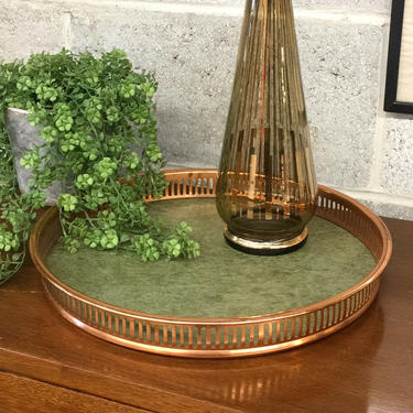 Vintage Tray Retro 1970s Coppercraft Guild + Round Shape + Copper Metal Trim + Green Vinyl Top + Serving or Display + Bar or Kitchen Decor 