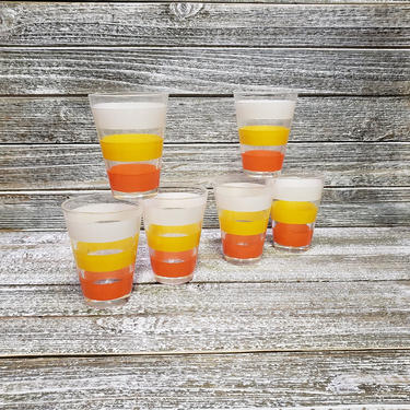 Vintage Candy Corn Beverage Glasses, Mid Century Juice Glasses, Orange Yellow &amp; White Drinking Glasses, Anchor Hocking, Vintage Kitchen 