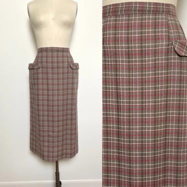 Vintage 1950s Skirt 50s Straight Plaid Pink Green Mauve w Pockets 