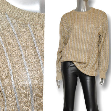 70’s Gold and Silver Cable Knit Sweater Size S/M Shiny Metallic Pullover Crewneck 
