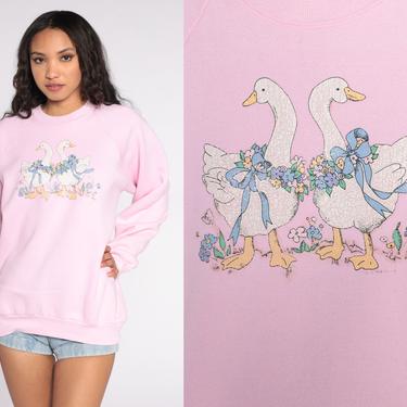 Goose Sweatshirt 80s Animal Sweatshirt Glitter Baby Pink Raglan Sleeve Kawaii Bird Jumper Sweat Shirt Duck Vintage 1980s Pastel Medium 