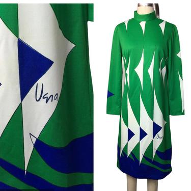1970s Graphic Print VERA Green Blue and White Day Dress 