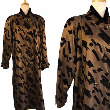 1940s Style 80s Velvet Brushstroke Design Copper Trench Coat Jacket 