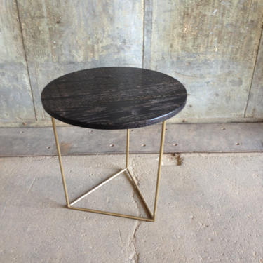 Modern Side Table with Round Ebonized Oak Top and  Brass Triangle Steel Base 