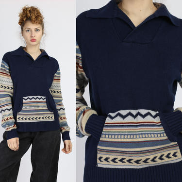 70s Navy Blue Tribal Sweater Top - Large | Vintage Long Sleeved Collared Knit Shirt 