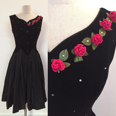 Lovely velvet and tafetta evening dress with pretty rose and rhinstone detail 