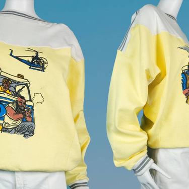 1980s deadstock A-Team sweatshirt. Yellow white grey. Dolman sleeves. 1983-1987 