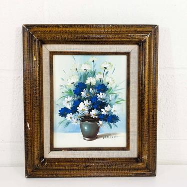 Vintage Framed Floral Original Painting Art Blue White Daisies Flower Wood Frame Painted 3D Amateur Painter Hobbyist Hobby Wall Decor 