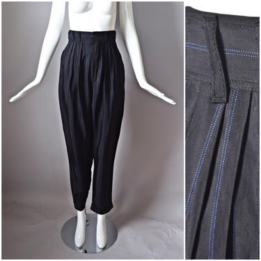 vtg 80s *deadstock* In Wear black high waist pleated trouser dress pants w/ blue pinstripe | retro old school 1980s | pockets 