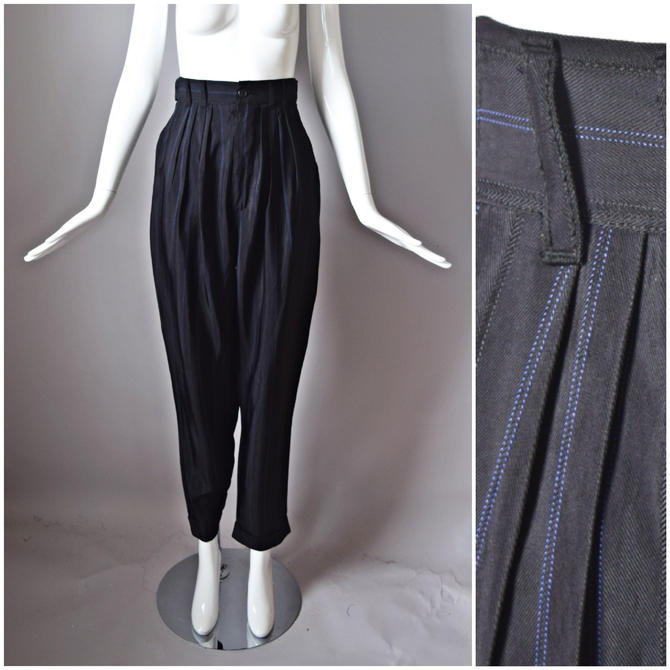 retro old school 1980s pockets vtg 80s *deadstock* In Wear black high waist pleated trouser dress pants w blue pinstripe