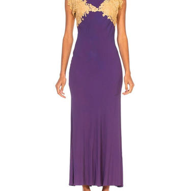 1930S Purple Bias Cut Silk Blend Crepe  Lace Minimalist Gown 