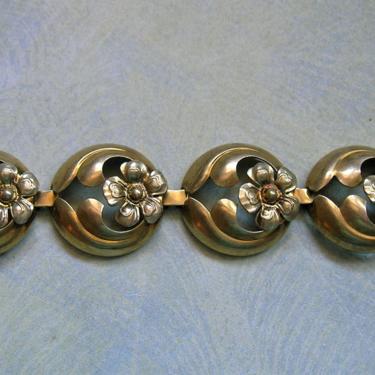 Vintage Sterling Vermeil Bracelet, 1930's Sterling Flower Bracelet, Vintage Sterling and Gold Bracelet, PR ST Co Bracelet (#3869) 