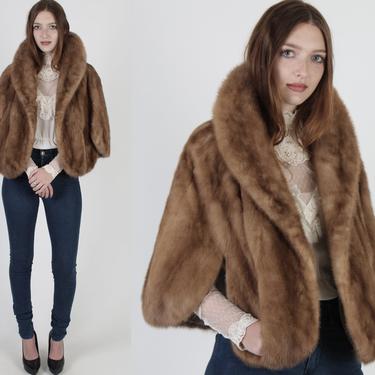 60s Natural Brown Mink Fur Capelet / 1960s Real Autumn Haze Mink Cape / Vintage Huge Draped Fur Shawl Collar / Womens Cropped Lined Shrug 