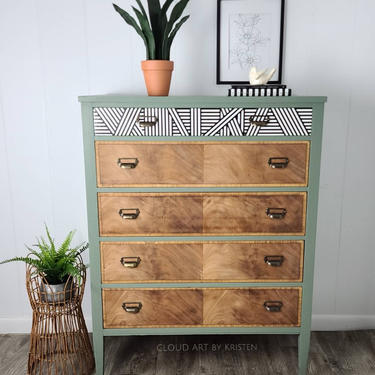 Midcentury Boho Modern Dresser Green Bare Wood Black White  Farmhouse Baby Changing Furniture Neutral Nusery Retro Vintage Antique Furniture by CloudArt