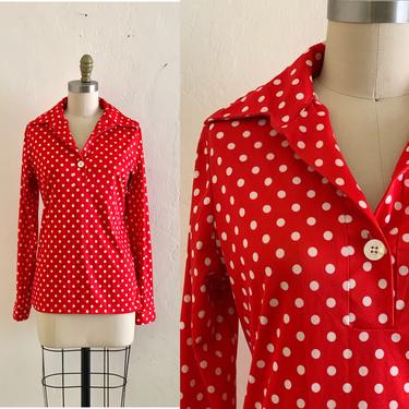 vintage 70's red polka dot print blouse 