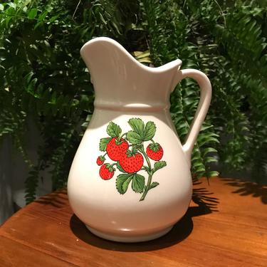 Vintage White Ceramic Pitcher with  Strawberries USA Pottery 