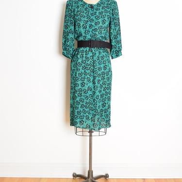 vintage 80s secretary dress green black swirl print belted midi dress S clothing 