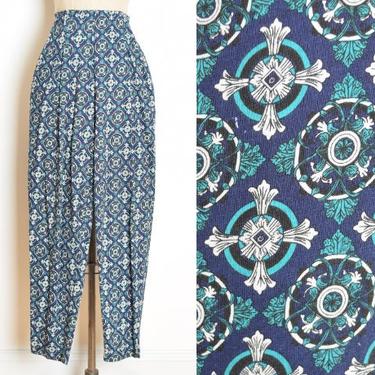vintage 90s pants navy blue knit scarf print high waisted tapered baroque S M clothing 