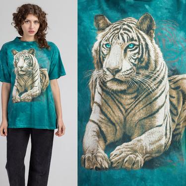 Vintage Bengal Tiger Graphic T Shirt - Men's Large | 90s Green Tie Dye Siberian Big Cat Animal Tee 