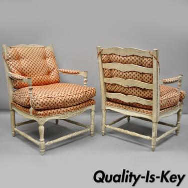 Pair French Country Cream Distress Painted Lounge Chair Ladder Back Armchairs