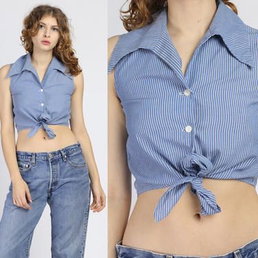 90s Button Up Pinstripe Tie Waist Crop Top - Extra Small | Vintage Blue Tank Sleeveless Striped Blouse 