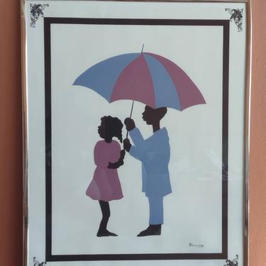 Artist Signed Black Art Serigraph Young Boy & Girl Holding Umbrella African American Art 16x20 