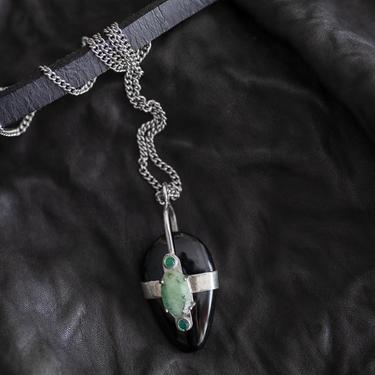 Polished Obsidian, Emerald and Sterling Silver Necklace