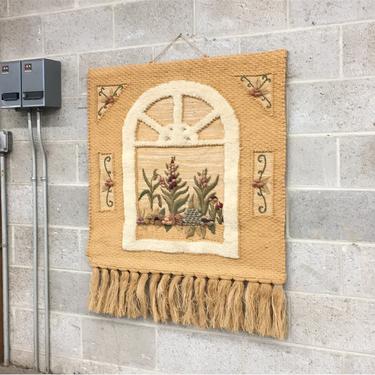 Vintage Wall Hanging Retro 1990s XL Size 44x33 ICA + Woven Jute + Bohemian Style + Window and Flowers + Fiber Art and Wall Decor 