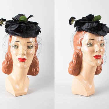 Vintage 1950s Hat | 50s Black Rose Floral Pillbox Formal Cocktail Hat with Veil 