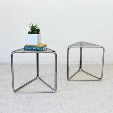 Vintage Chrome Triangle Mod 1970’s Smoked Glass Tables