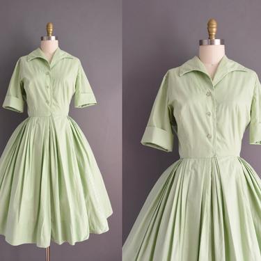 vintage 1950s dress | Pistachio Green Short Sleeve Full Skirt Cotton Shirt Dress  | Medium | 50s vintage dress 