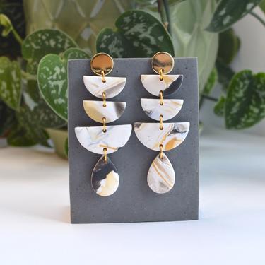 White Black Gold Marbled Clay Statement Earrings, Unique Gift for Her 