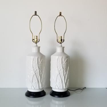 Vintage 1970s Palm Beach Style White Ceramic Table Lamps With Bamboo Relief - A Pair. 